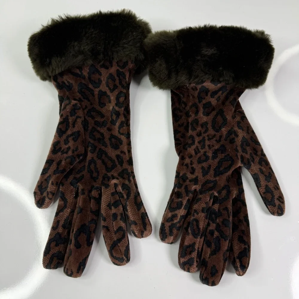 Leopard Print Faux Fur Trim Gloves Brown Black Olive Green Cotton Blend RN 68299